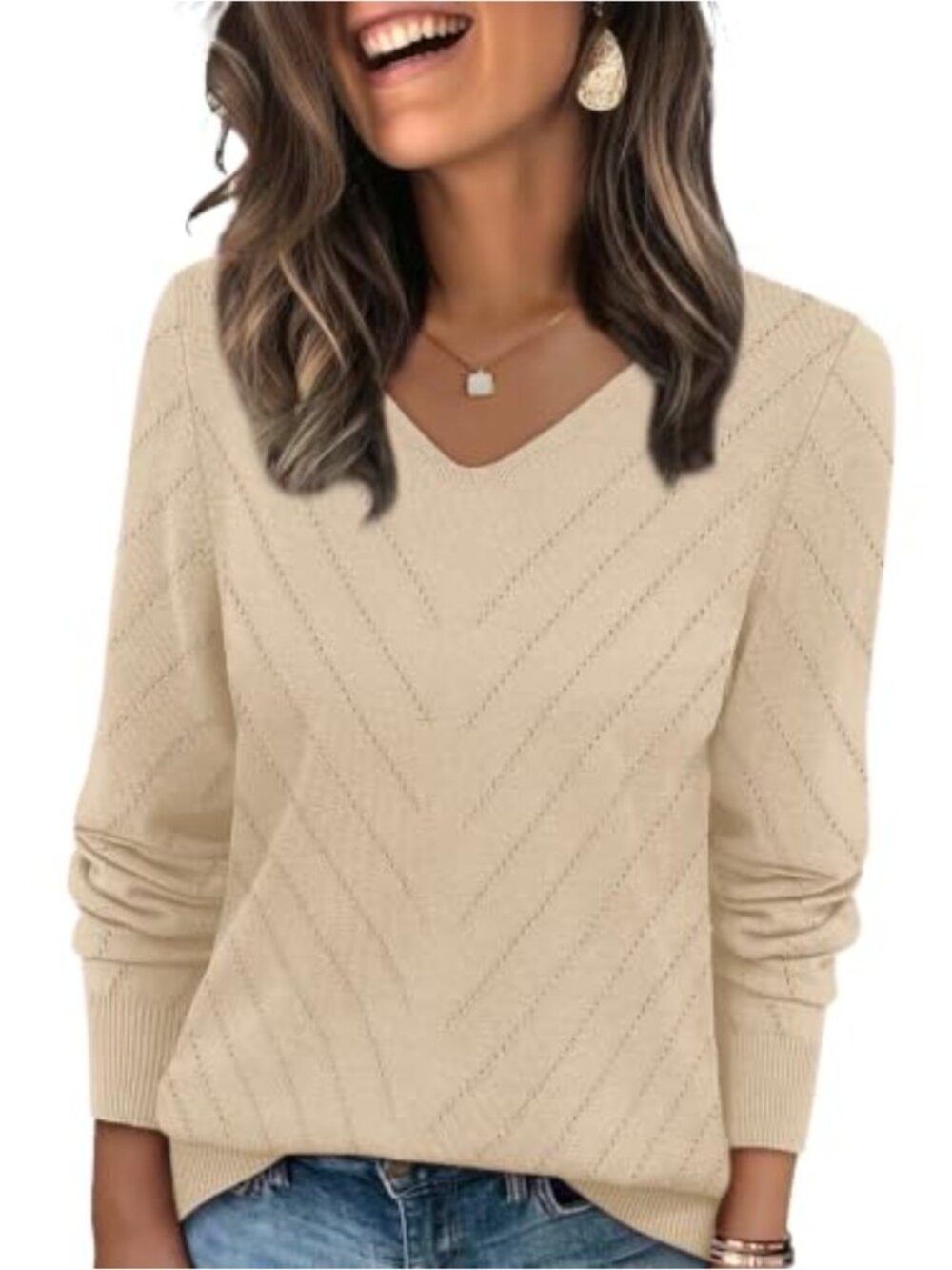 Women's V-Neck Knit Pullover Sweater Long Sleeve Lightweight Fall Casual